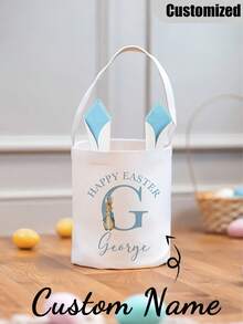Customized Easter Basket With Rabbit Handle - Personalized Easter Egg Hunt Tote Bag - Holiday Easter Party Bag, Fun Design, Party Decor, Suitable For Holiday Gifts, Spring/Summer Party Decoration
