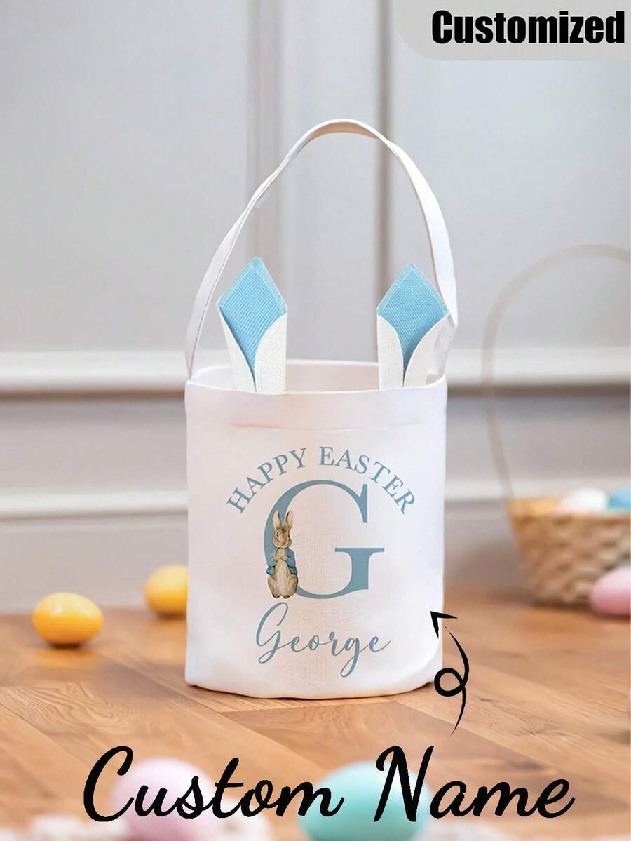 Customized Easter Basket With Rabbit Handle - Personalized Easter Egg Hunt Tote Bag - Holiday Easter Party Bag, Fun Design, Party Decor, Suitable For Holiday Gifts, Spring/Summer Party Decoration