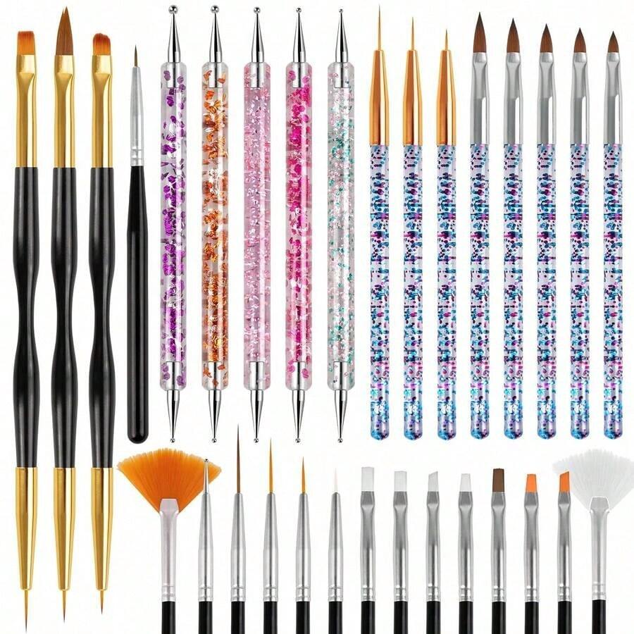 31pcs Nail Art Brushes,Acrylic Nail Brush,Nail Brushes For Nail Art,Nail Art Dotting Tool Set,Nail Art Liner Brush,Nail Dust Brush,Nail Drawing Pens For Beginners And Salon Home Use - 31PCS~粉紅色 - 查看 1