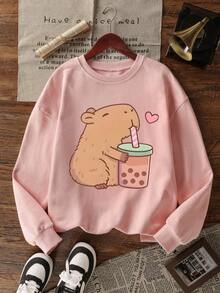 女童印花圆领保暖套头卫衣，适合上学和秋冬季穿着 - 粉色 - 查看 2