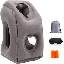 Almohada de viaje inflable para aviones, almohada de avión que brinda comodidad durante vuelos largos, se puede usar en aviones, trenes, incluye bolsa de almacenamiento, antifaz y tapones para los oídos - Gris - Ver 2