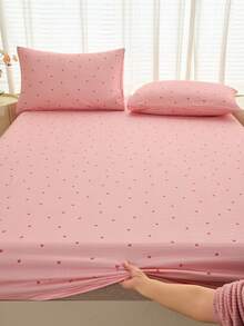 1pc Soft & Breathable Striped Heart Geometric Pattern Fitted Sheet/Mattress Protector Set, Fits Twin, Full, Queen, King Size Beds With Deep Pocket Up To 11.8 Inches, Suitable For Home, School, Dorm, Machine Washable - Watermelon Pink - View 6