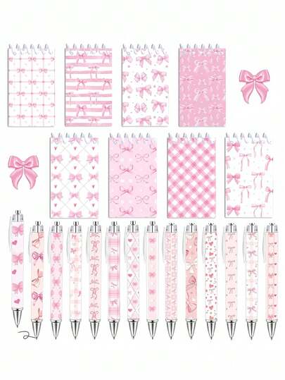 16 delar vit & rosa rosett anteckningsblock/kalenderset, söt rosettfickanteckningsbok och pennset, inkluderar kulspetspenna och söta minianteckningsböcker, rosetttema festgåvor, rosetttema babyshower, födelsedagskalas och kontorsmaterial