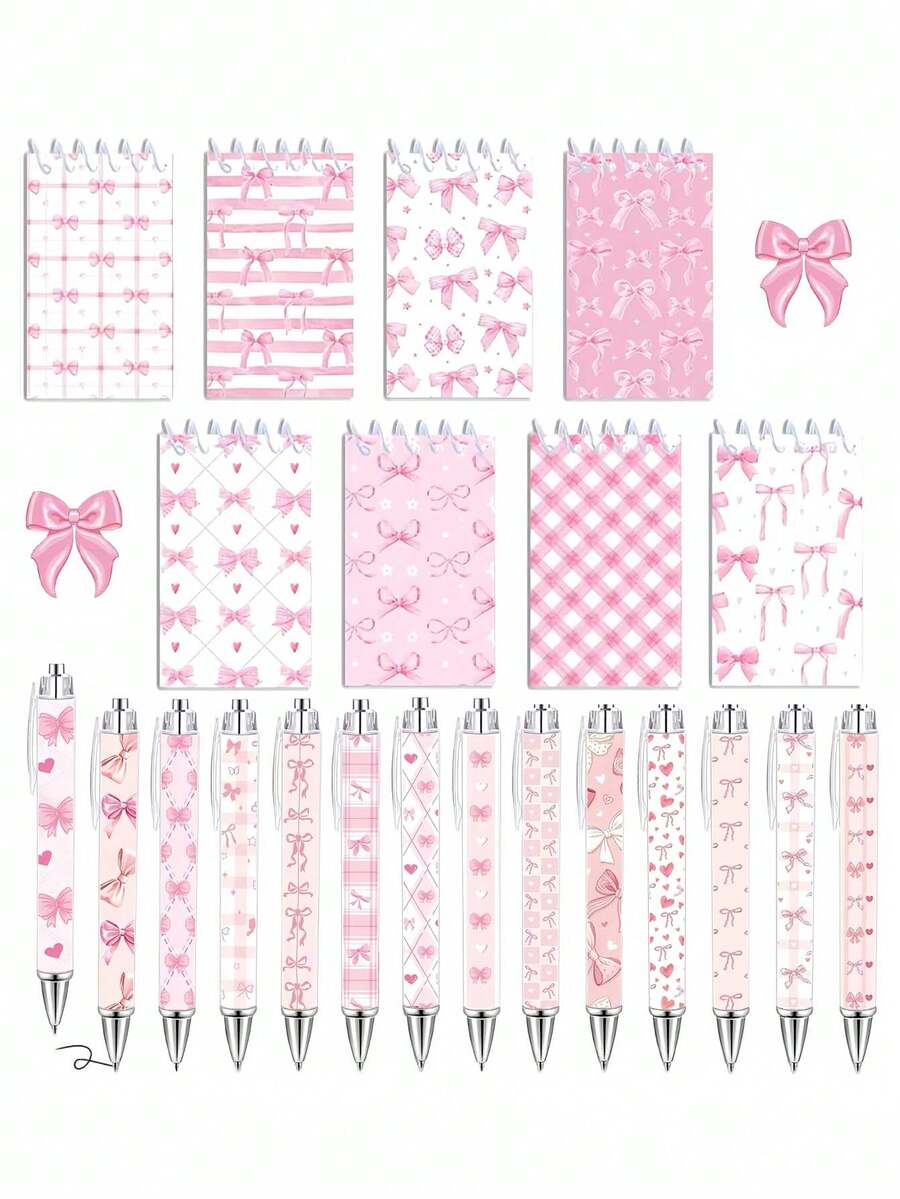16件套白色和粉色蝴蝶结笔记本日记套装，可爱蝴蝶结口袋笔记本和笔套装，包含圆珠笔和精美迷你笔记本，蝴蝶结主题派对礼品，蝴蝶结主题婴儿派对、生日派对和办公用品 - 彩色 - 查看 1