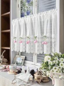 1 pieza Cortinas cortas decoradas con tulipanes rosas de estilo coreano lindo para ventanas pequeñas, cortinas para cocina de apartamento, cortinas para ventana de dormitorio, sin necesidad de barras de tensión con taladro - Blanco - Ver 5