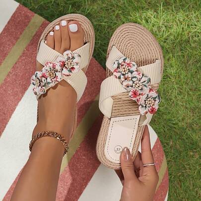 女士简约拖鞋，休闲夏季鞋，轻便沙滩条纹蝴蝶结拖鞋