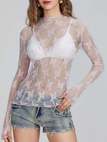 Women's Sheer Lace Mesh Top, Fashionable Slim Fit Long Sleeve Faux Collar Floral Blouse, Casual Outing T-Shirt - 粉色 - 查看 2
