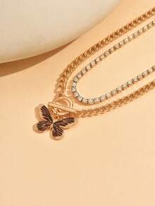 2pcs/Set Elegant Rhinestone Handmade Chain Necklace With Butterfly Pendant, Versatile Choker Necklace Suitable For Daily Wear, Dates, Parties, Music Festivals, Chain Length Can Be Customized - Multicolor - View 3
