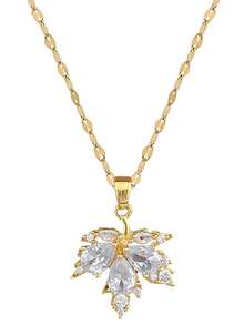 Nooxian 3件套时尚铜镀白锆石枫叶耳钉及耳钉项链套装，女士奢华珠宝礼品（不含礼盒） - 金黃色 - 查看 7