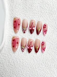 10pcs Valentine's Day Nail Art Set, French Manicure Stickers, Almond-Shaped Nail Stickers, Square Nails, Duck Mouth Nails, Handpainted Heart & Flower False Nails, Cherry, Star, Heart Nail Decorations, Rose Red Nails, Includes Tool Kit, Suitable For Women & Girls, Daily Photo, Party, Valentine's Day Nail Supplies Handmade Press On Nails - 彩色 - 查看 19