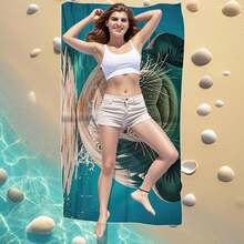 1pc Extra Soft & Oversized Manatee Printed Beach Towel - Absorbent, Sand-Free, Suitable For Pool, Bathroom, Travel - Dark Green - View 5