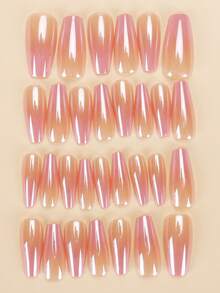 24pcs Nail Stickers, Long Trapezoid/Electroplated Peach Gradient Nail Art, Enhance Elegance/Comes With Jelly Gel And Stickers, Suitable For Collage, Reusable, Everyday Wear Nails - Multicolor - View 3