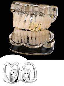 Unisex Gold Tooth Grillz, Hollow Heart, Star, Apple Shaped Zirconia Tooth Caps, 14K Gold Plated, Suitable For Cosplay, Fashion Parties, Holiday Couples Gifts - Multicolor - View 13