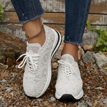 女士时尚厚底圆头平底系带镂空透气网面休闲鞋 - 白色 - 查看 5