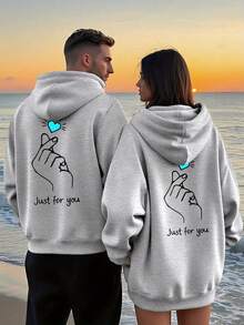 Sudadera con Capucha para Hombres de Pareja en - Estampado Romántico del Corazón y "Just for You" al Reverso, Manga Larga Casual Abrigada Invernal Talla Grande Cómoda, Lavable a Mano o Secadora Ideal Para Conjuntos Deportivos e informales.Diseño Geométrico Relajado Otoñal-Invierno Sudadera Combinación Perfecta.Tejido Fácil de Cuidaar Actividades Exteriores - Prenda Única Gris para Mujer - Ver 6