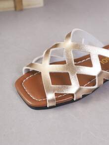 1 par de chanclas planas de playa de diseño de unicolor y calado de moda para niños, de verano - Champán - Ver 8