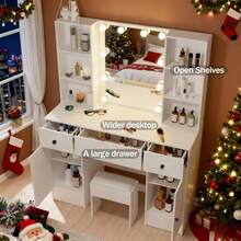 Vanity Set With Led Lights Makeup Desk Dressing Dresser Desk Table With 3 Drawer - Perfect For Organizing Makeup, Skincare, Elegant Vanity|Decorative Vanity, Vanity Furniture, Compact For Small Space, Bedroom Decor Gift, Perfect Gift For Women Girls , Ideal Para Regalos De Navidad Y Halloween. - White - View 3