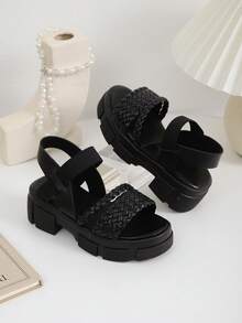 1 Pair Black Wedge Sandals For Teenage Girls, Soft & Comfortable PU Woven Strap Material, Elastic Back Strap Slip-On Design, Round Toe, 3CM Thick Heel, Fashion & Cute Roman Beach Sandals, Suitable For 3-15 Years Old Female Students For Daily, Casual, Beach, Holiday, Party Wear, Spring/Summer 2026 - Black - View 6