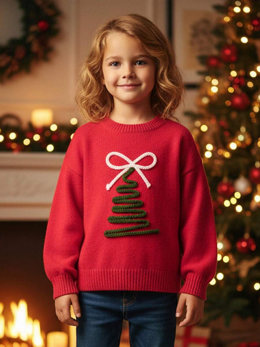 Suéter navideño de manga larga con cuello redondo y bordado de árbol de Navidad para mamá y yo - Rojo (niño) - Ver 1