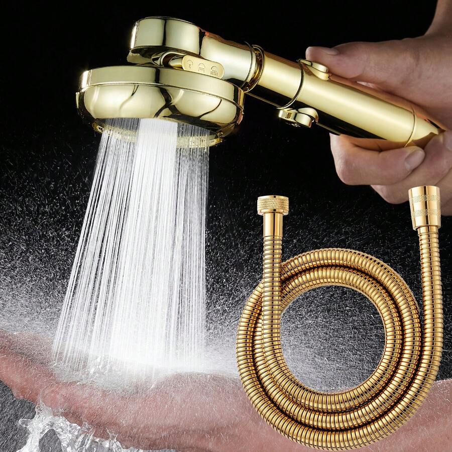 Luxury Gold One-Click Water Stop 3-Setting Shower Head + 59in Gold Flexible Hose, Rainfall Shower Hose - Gold - View 1