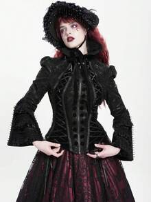 EVA LADY Gothic Palace Party Lace Jacquard Tie-Up Off-Shoulder Ruffle Sleeve Slip Dress - Red and Black - View 4