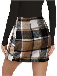 Plaid Skirts For Women, Pencil Mini Skirts For Women High Waist Bodycon Christmas Holiday Fall Winter Skirts - 棕色的 - 查看 3