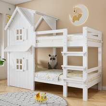 Children's Bunk Bed With Attractive Windows And Roof, Side Safety Rails, Three-Step Straight Ladder, Stable Slatted Bed Bases, Pine + MDF + Plywood, White, 90*200 Cm - White + Solid Wood + Medium-density Fiberboard - View 12