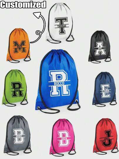 Personalized Initial Drawstring Bag, Sports Club PE Customized Name Adult & Youth Team Sports Backpack Set, Suitable For Teenagers, Swimming, Beach, Fitness, Travel, Sports, Back To School