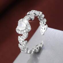 1pc Minimalist Olive Branch Heart Shaped Design Cubic Zirconia Adjustable Open Ring, Couple Gift - Multicolor - View 12
