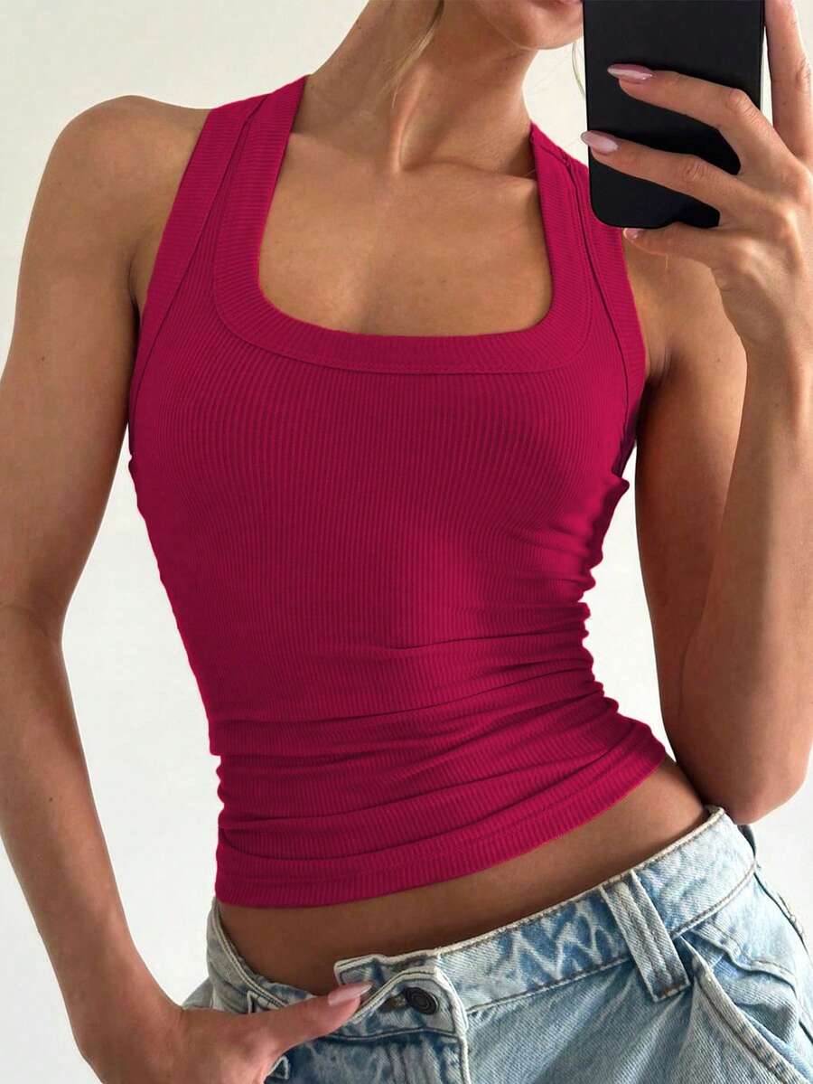 Floreya Square Neck Camisole Top For Women, Casual Slim Fit Sleeveless Crop Top, Versatile For Summer, Autumn & Spring - Hot Pink - View 1