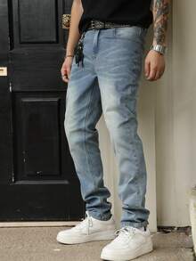 Men's Slim Fit Light Blue Jeans, Stretchy Skinny Casual Street Style Denim Pants, Versatile & Fashionable - Blue - View 8