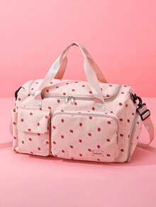 1pc Strawberry Pattern Corduroy Travel Bag, Large Capacity, Can Store Clothes And Electronics, With Separate Shoe Compartment And Waterproof Pocket, Adjustable Shoulder Strap, Suitable For Travel, Swimming, Sports And Fitness - Multicolor - View 2