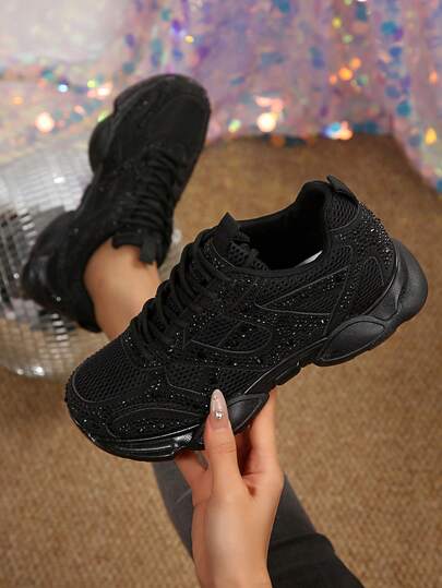 Women's Mesh Rhinestone Lace-Up Jelly Sole Casual Sneakers