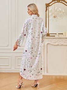 Women's Floral Print Long Sleeve Modest Dress, Spring/Summer, Kaftan, Elegant Dresses For Women Vacation - White - View 5