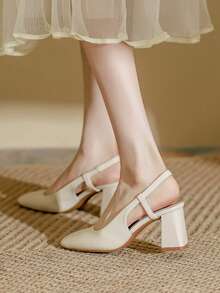 春夏新款复古方头法式高跟凉鞋，时尚闭趾高跟鞋，性感优雅的玛丽珍鞋，粗跟露后跟设计，适合约会、伴娘等各种场合，四季皆宜。 - 米色 - 查看 7