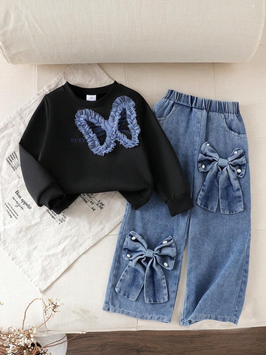 2件套女童甜美字母装饰长袖上衣和带蝴蝶结的牛仔裤套装，春秋季 - 黑色 - 查看 1