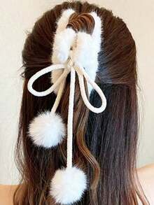 Autumn & Winter Traditional Style Tassel Pom-Pom Pendant Plush Claw Clip - A Hair Accessory For Girls, Suitable For High Ponytails & Updos At The Back Of The Head - trắng - Xem 1