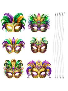 6Pcs Carnival Party Masks, In Gold And Green, With Feathers. Party Dance Masks, Carnival Party Decorations, Carnival Performance Props, Carnival Party Photo Props. - Multicolor - View 7