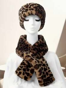 1/2pcs Set New Thick Warm Leopard Print Windproof Headband & Scarf Set For Women, Casual Fluffy Headband & Scarf Cross Wrap Set, High-End Autumn/Winter