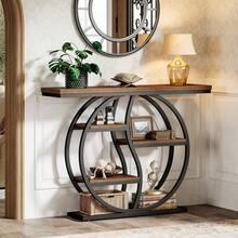 Tribesigns Mesa consola, mesa de centro industrial de 4 niveles de 120 x 30 cm, mesa de entrada con base circular, mesa auxiliar estrecha de madera con estantes para sala de estar, pasillo, vestíbulo, marrón rústico - Marrón - Ver 8