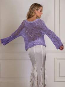Top Yuwenier Sexy com Decote em V Profundo, Vazado, Transparente, em Crochê com Lantejoulas, Botões Frontais, Manga Morcego, Longo e Solto, Ideal para Uso Casual e Diário. - Roxa - Ver 2