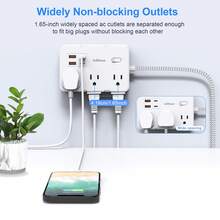 JcBlaon 6-Outlet Power Strip With Surge Protector - 4 USB Ports (2 USB-C), Dual-Side Outlets, 10ft Braided Extension Cord With Flat Plug - White - View 6