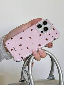 粉色星形图案时尚手机壳，复古黑棕色玳瑁纹箔面质感，兼容 16 Pro Max、Apple 15、软壳14（新款）、12 Pro、13 Pro Max，防摔保护套，女士春季生日礼物 - 粉色 - 查看 3