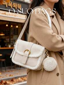 2件套复古米色迷你单肩包和毛绒钱包套装，新款毛绒零钱包斜挎包，女士款 - 白色 - 查看 6