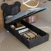 Modern And Minimalist Upholstered Bed With Soft Cartoon-Shaped Headboard, 90x200 Cm, Grey, Multifunctional Bedroom Furniture, High Storage Bed Base With Gas Lift Mechanism, Mattress Not Included. - Gray + Fabric + Metal + Memory Foam - View 9