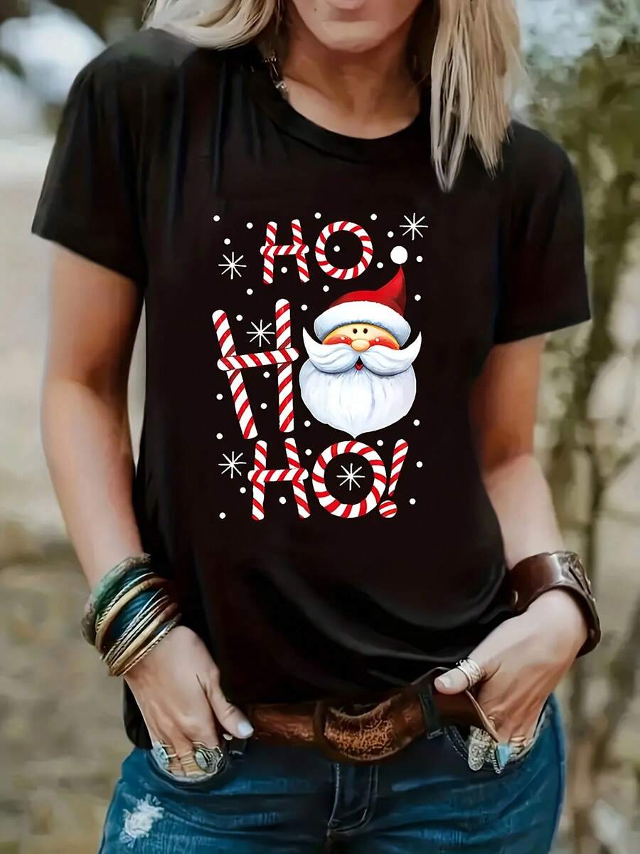 Men&Women's Santa Claus Print T-Shirt - Short Sleeve Round Neck Casual Top With Red & White Christmas Design, All-Over Festive Holiday Party Outfit, Machine Washable Year-Round Wear (Santa Face & Sleigh Pattern) - 黑色 - 查看 1