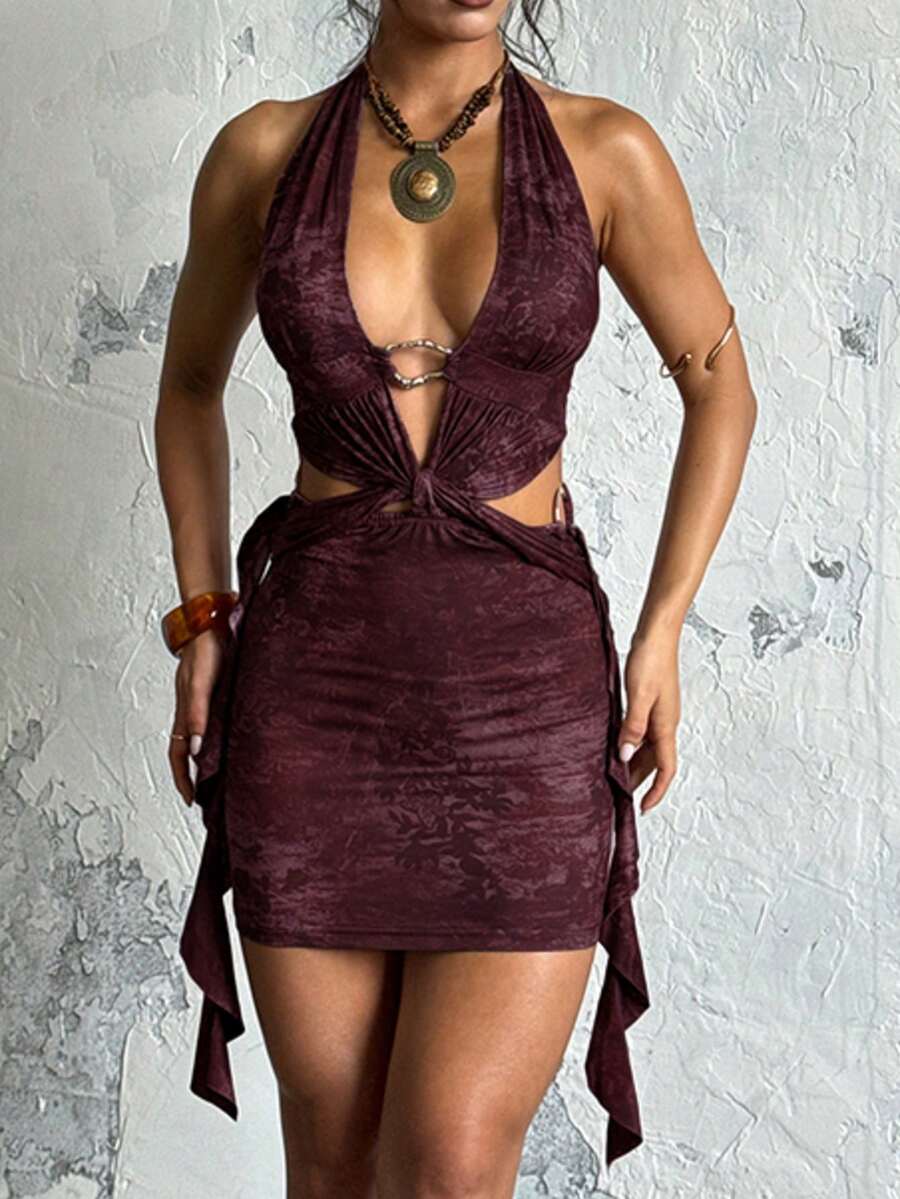 女士花卉印花镂空荷叶边系领性感度假连衣裙 - 酒紅色 - 查看 1