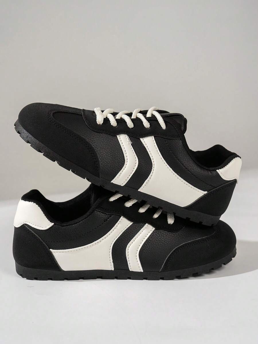 新款女鞋，时尚百搭系带圆头鞋，条纹装饰，纯色设计，舒适软底，休闲鞋，运动鞋，时尚鞋款，适合日常穿着和通勤。 - 黑色 - 查看 1