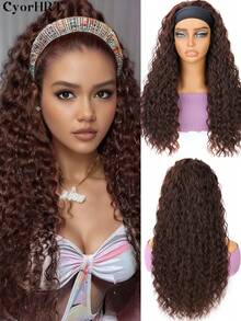 22英寸合成可重复使用透气耐热纤维自然发箍假发，黑色、酒红色、巧克力棕色多色可选，适合日常派对、角色扮演，是女孩日常派对、角色扮演、圣诞节礼物、节日派对的理想选择。 - 彩色 - 查看 1