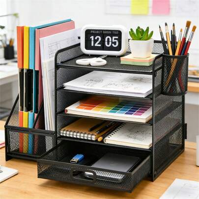 Metal Mesh 5-Tier Desk Organizer With 2 Drawers, Office File Storage With Pen Holders, Side Magazine File Holder, Desk Tidy Organizer For Home Office